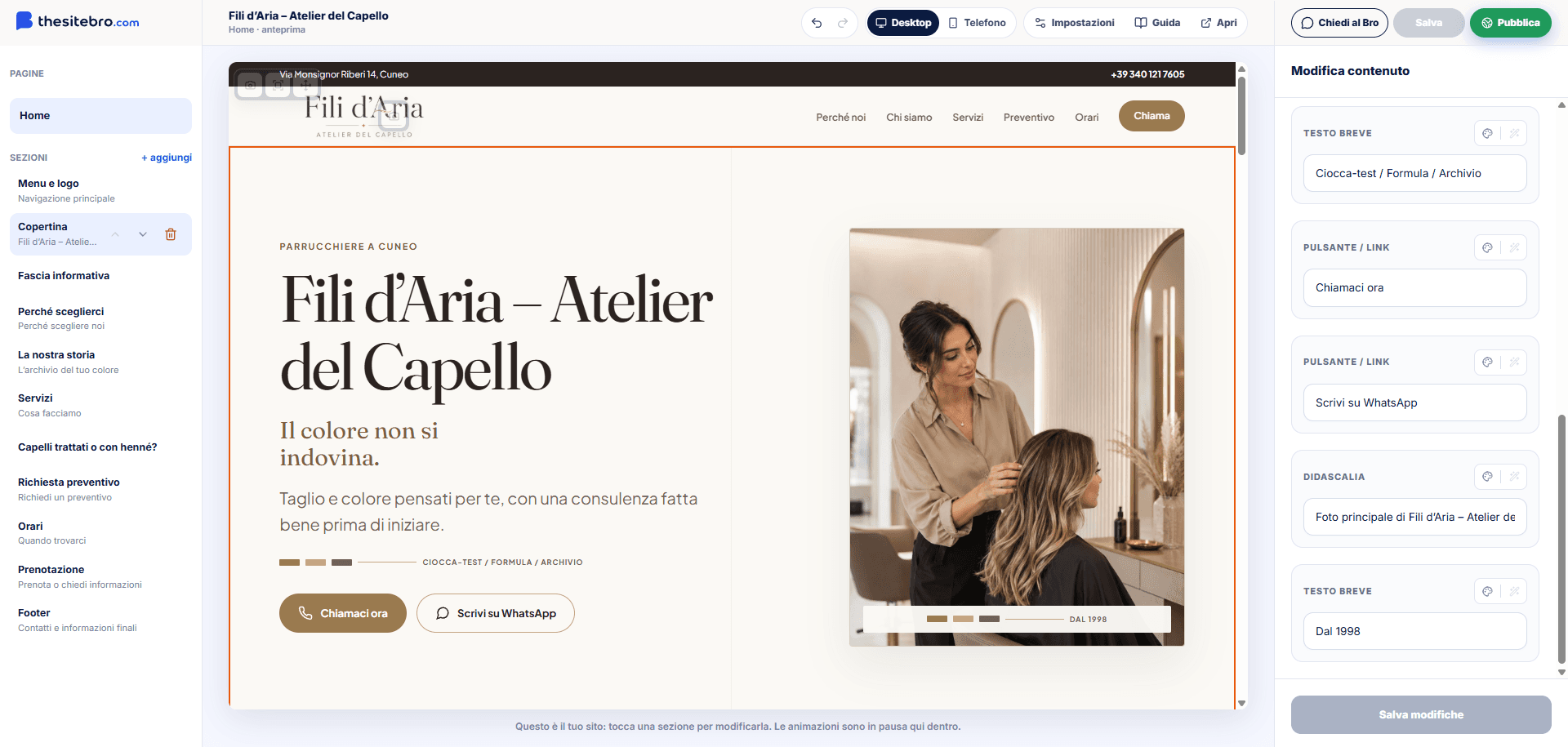 Schermata reale dell'editor The Site Bro