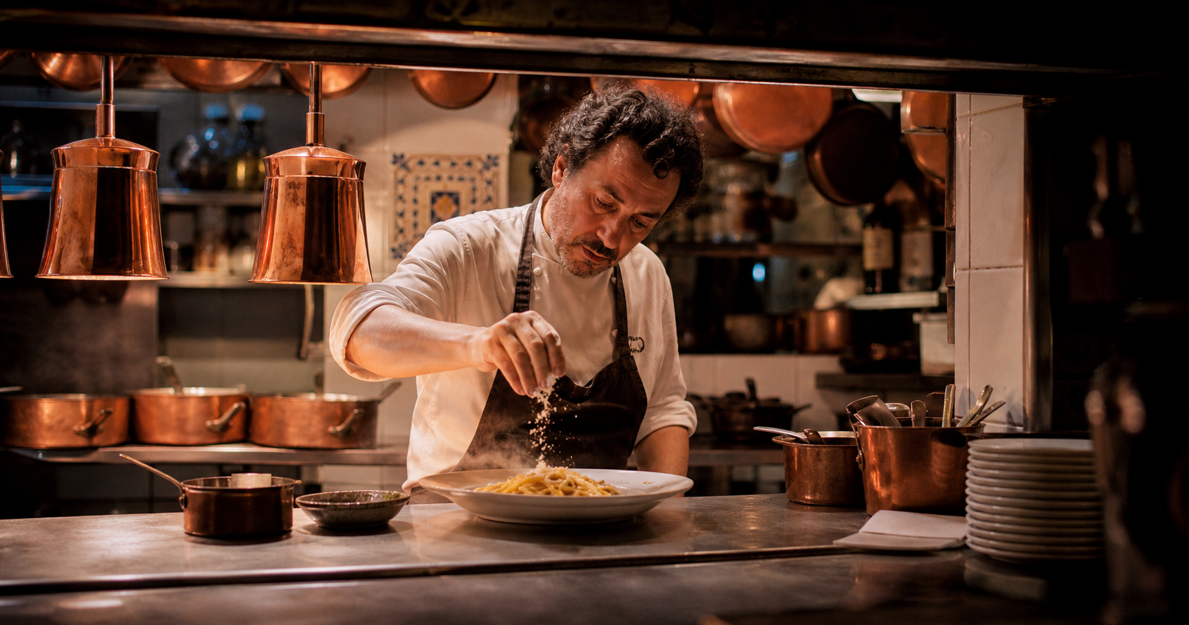 Chef di Osteria Luce mentre completa un piatto di pasta in cucina