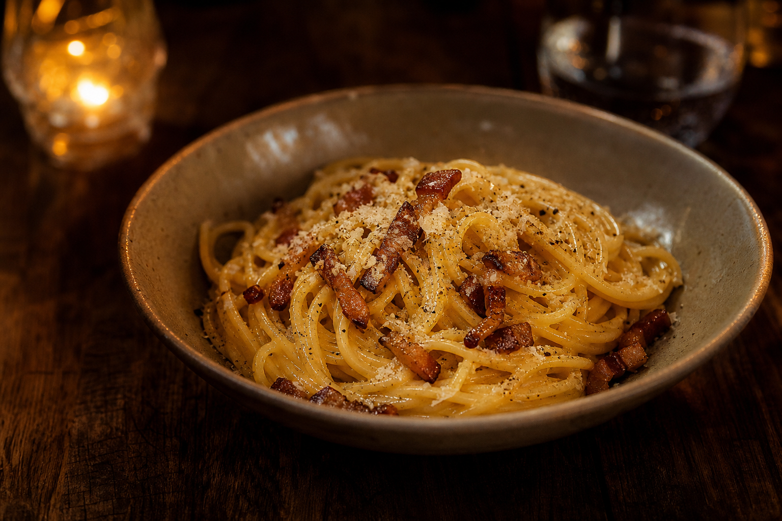 Carbonara con guanciale, pecorino e pepe servita in una ciotola artigianale