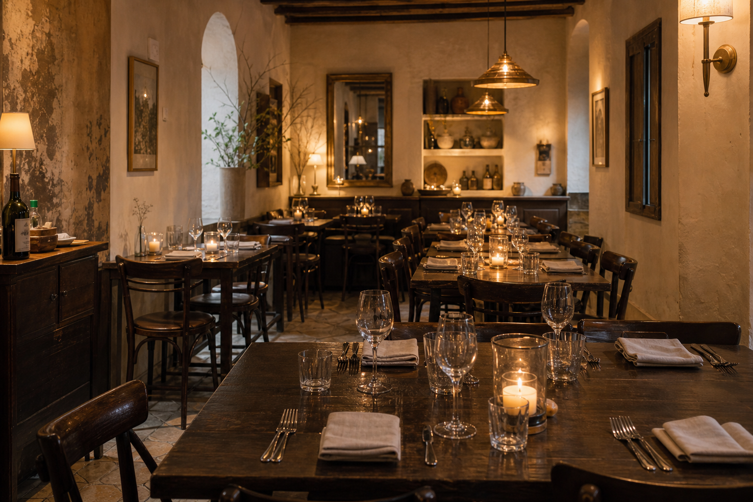 Sala della osteria apparecchiata e illuminata dalle candele