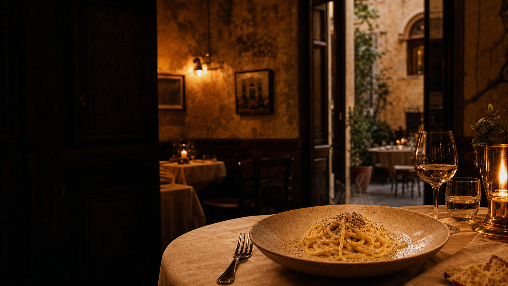 Sala di Osteria Luce con un piatto di pasta romana in primo piano
