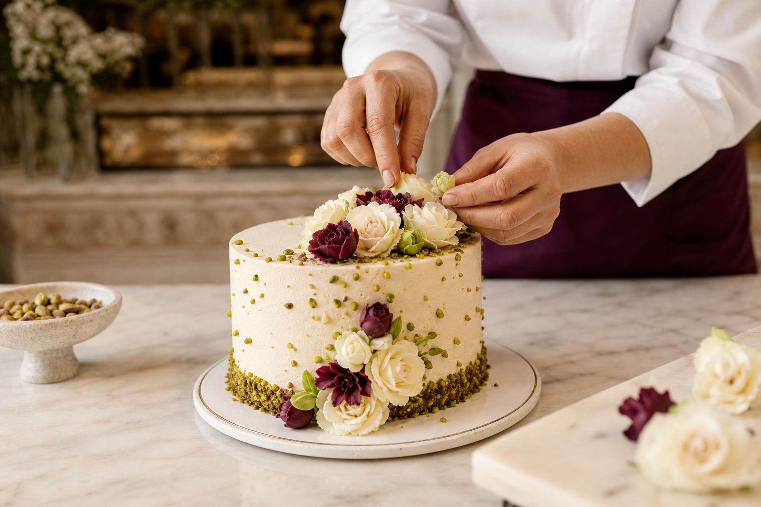 Decorazione a mano di una torta su misura con fiori di crema