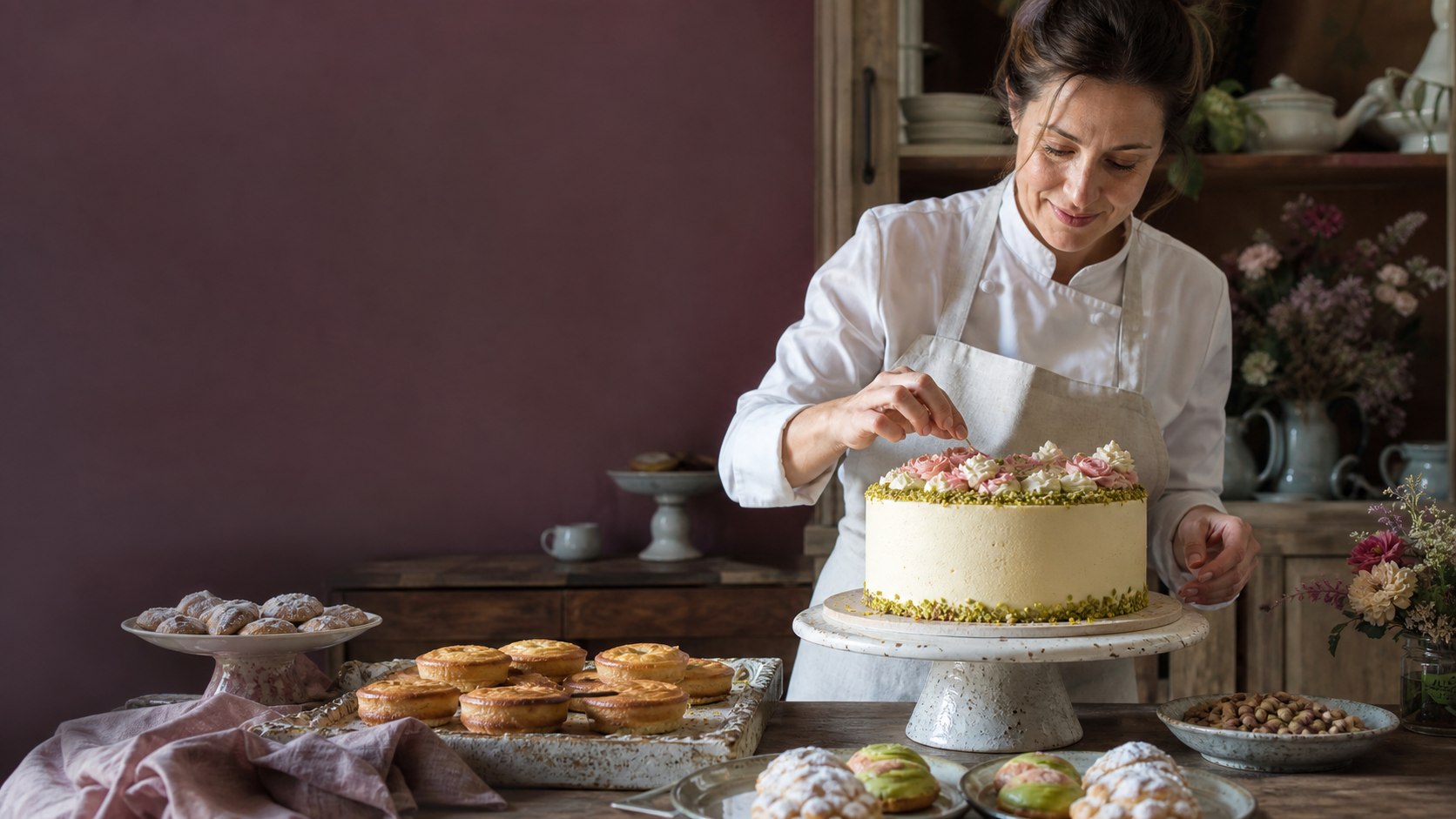 Pasticcera Rondine mentre decora una torta artigianale