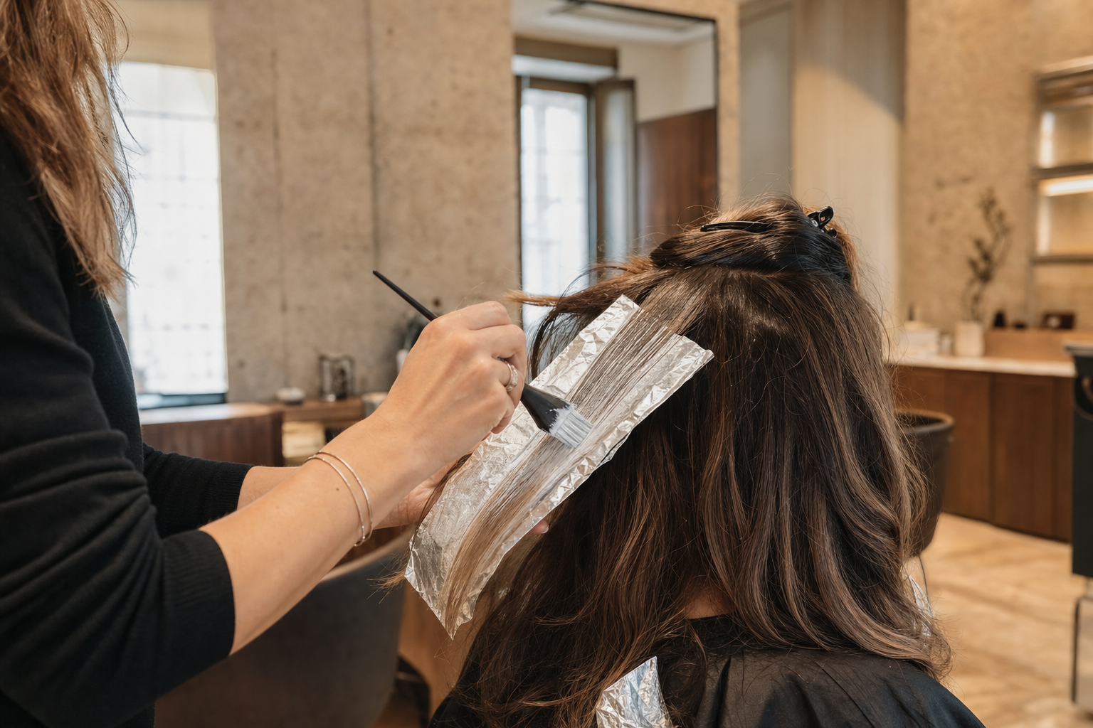 Applicazione professionale del colore sui capelli di una cliente