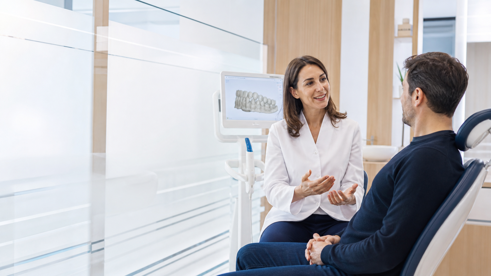 Dentista che dialoga con un paziente nello Studio Bianchi